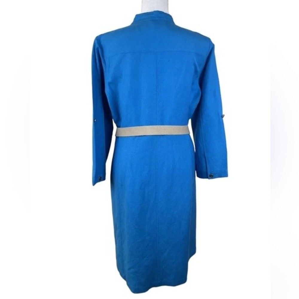Tahari Arthur S Levine Blue Linen Blend Ruffle Neck Dress Size 12 - Picture 3 of 7
